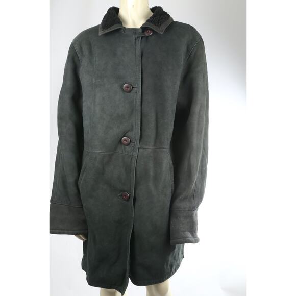 Vintage Dark Green Shearling Suede Coat Warm Winter Leather Trim Jacket Size M - Picture 2 of 16